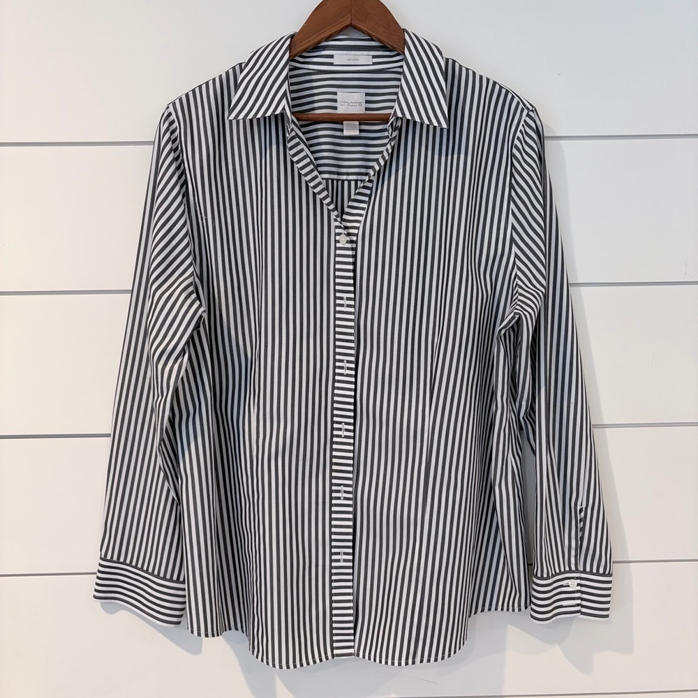 Chico’s No Iron Striped Button Shirt XL Classic Monochrome Office Clean Girl